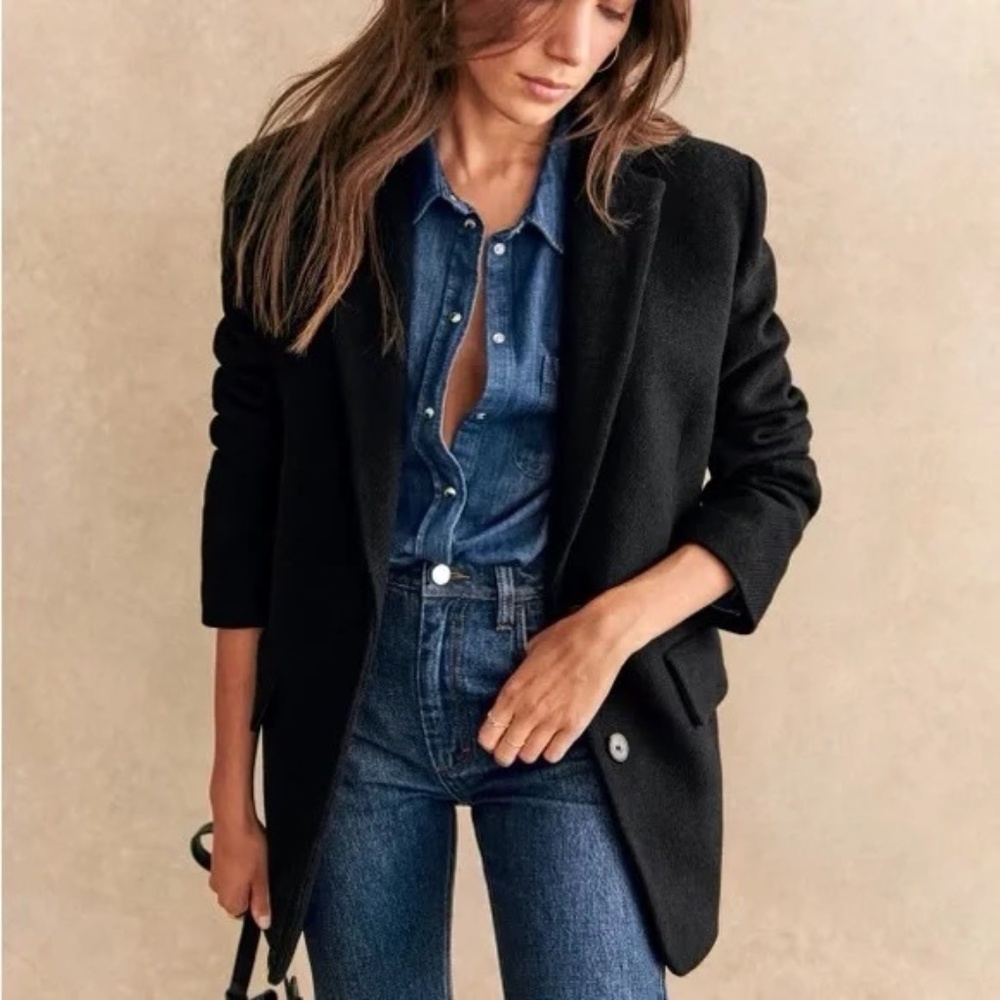 Sezane Black Wool-Blend Single-Breasted Blazer